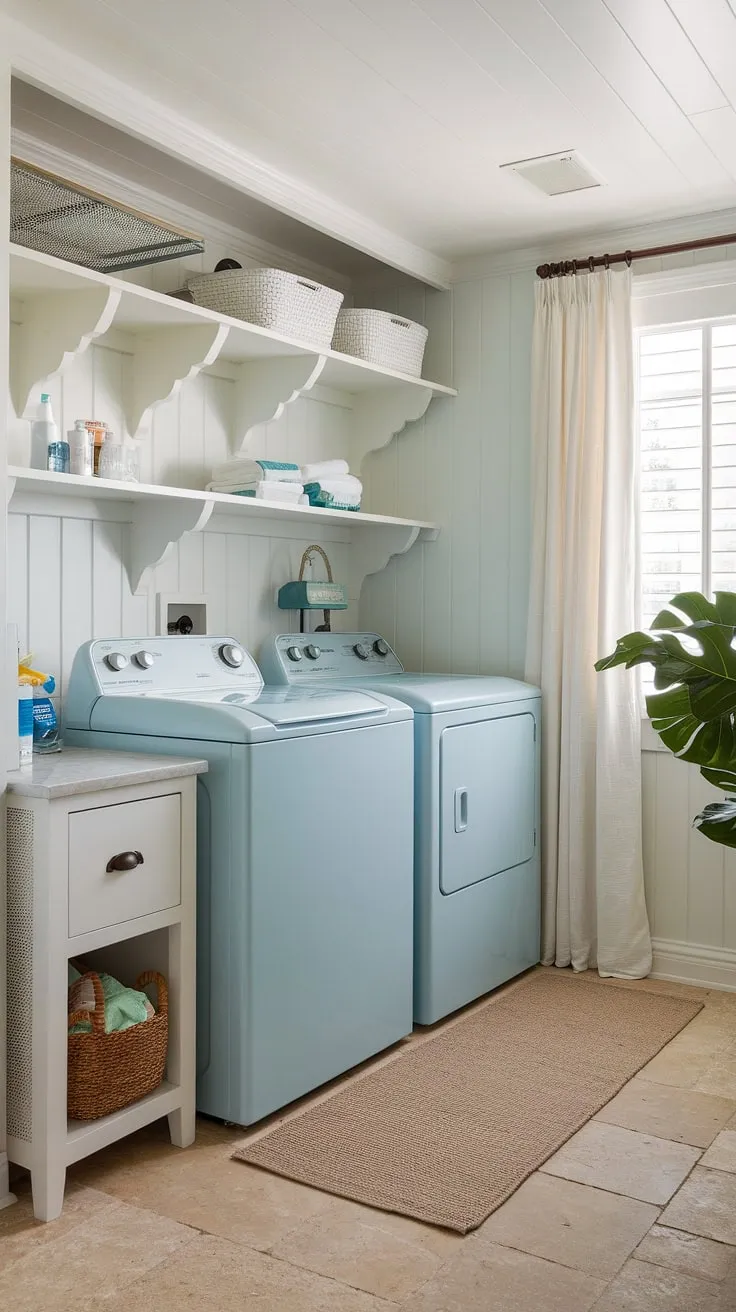 This coastal laundry room embodies the perfect blend of Hamptons style and preppy charm.  Powder blue appliances, a whitewashed shelf, and a touch of greenery create a serene and functional space.  Coastal house decorating ideas at their finest, proving that even a house interior laundry room can be stylish.