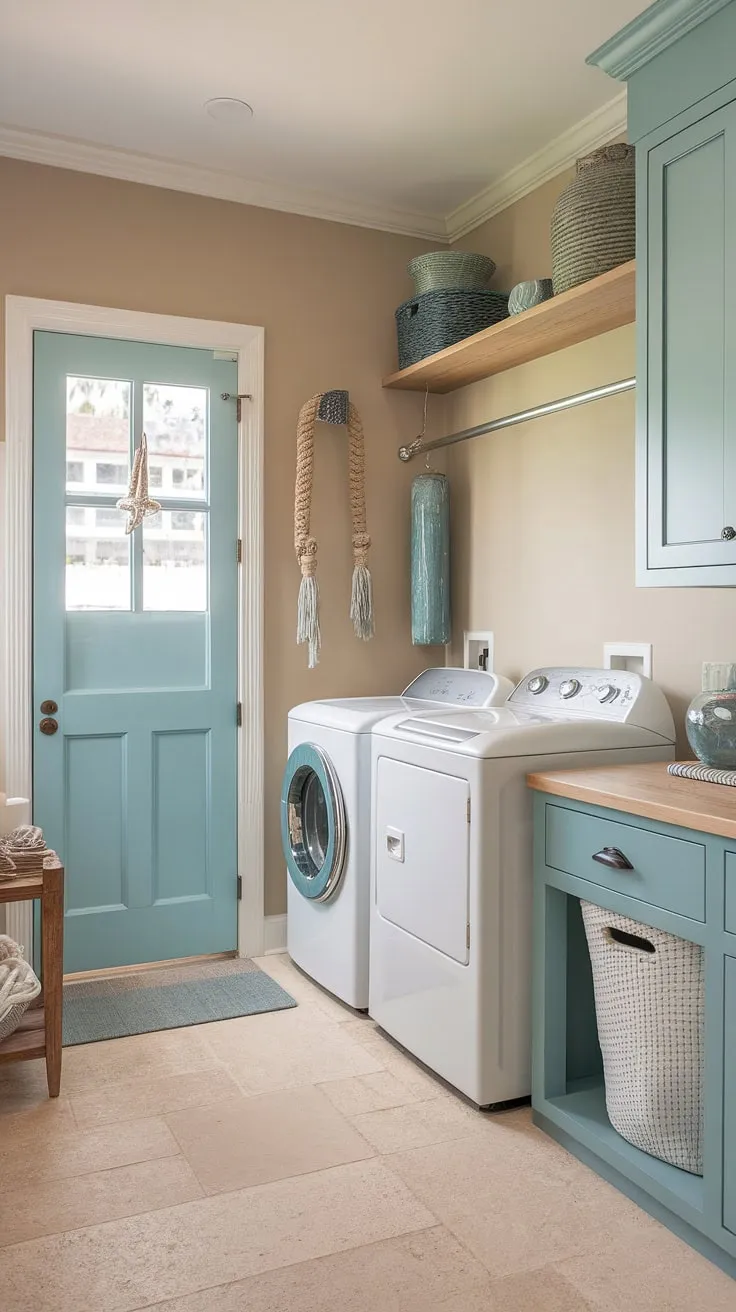 This powder blue coastal laundry room embodies the perfect blend of Hamptons style and preppy charm.  Coastal house decorating ideas come alive in this bright and airy space, transforming a utilitarian room into a stylish coastal laundry room.