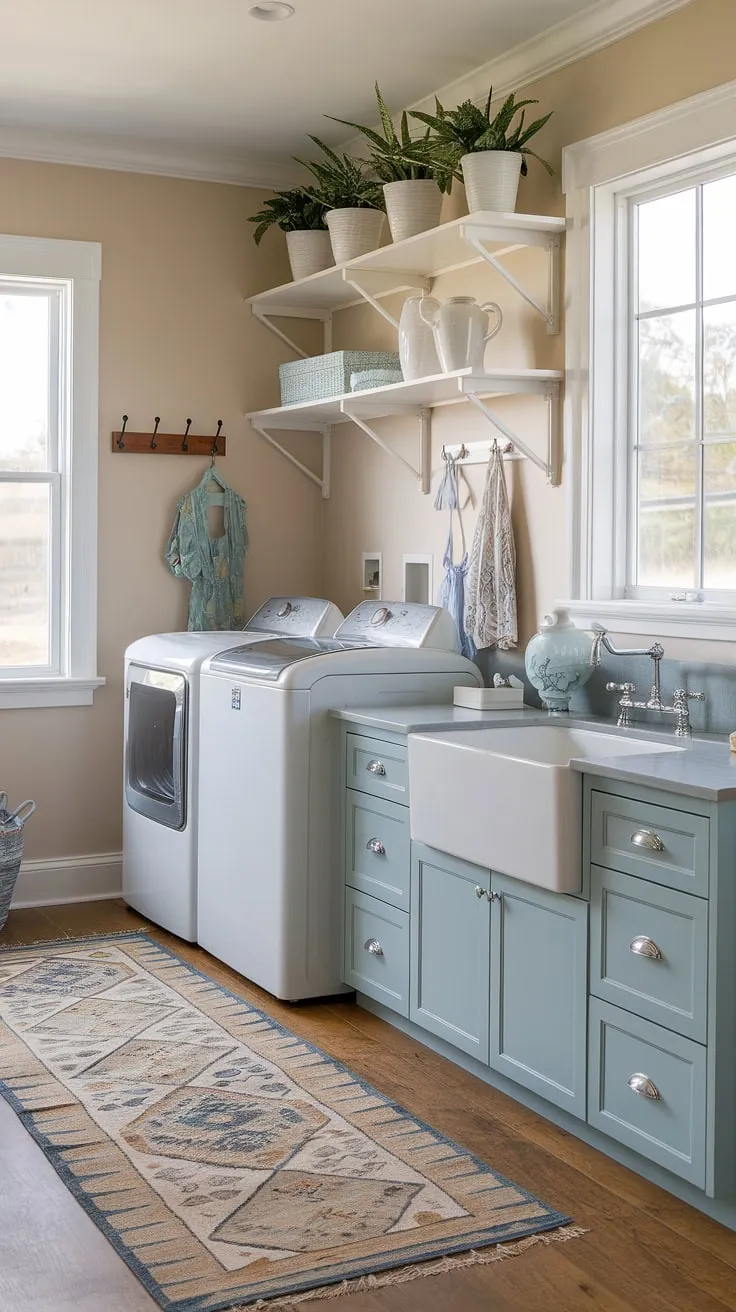 This powder blue coastal laundry room embodies the perfect blend of Hamptons style and preppy charm.  Coastal house decorating ideas come alive in this bright and airy space, transforming a utilitarian room into a stylish coastal laundry room.