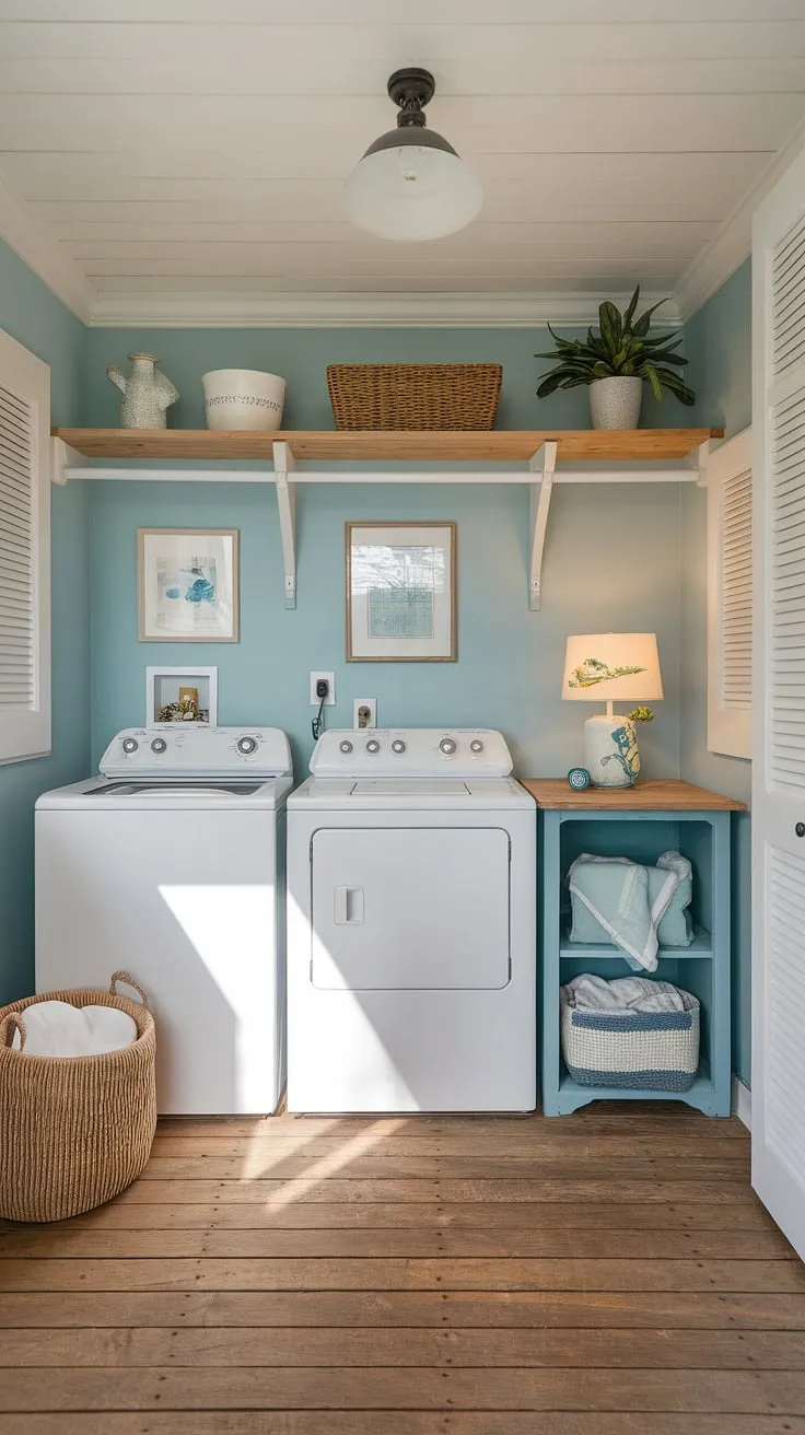 This powder blue coastal laundry room embodies the perfect blend of Hamptons style and preppy charm.  Coastal house decorating ideas come alive in this bright and airy space, transforming a utilitarian room into a stylish coastal laundry room.