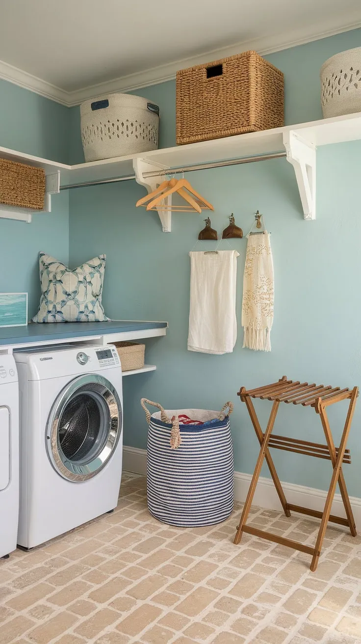 This powder blue coastal laundry room embodies the perfect blend of Hamptons style and preppy charm.  Coastal house decorating ideas come alive in this bright and airy space, transforming a utilitarian room into a stylish coastal laundry room.