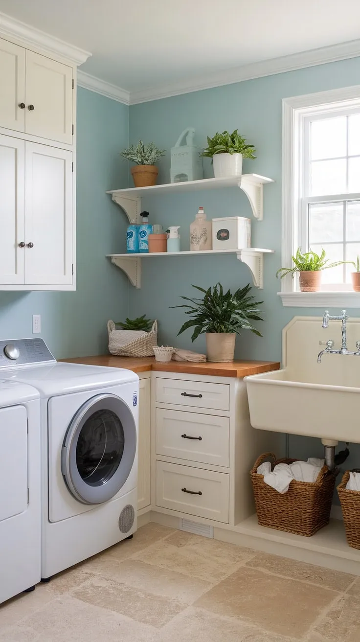Escape to the coast, even while doing laundry! This coastal style laundry room, with its calming powder blue hues, embodies the relaxed elegance of a Hamptons house interior laundry room.  Perfect inspiration for your own coastal laundry room design.