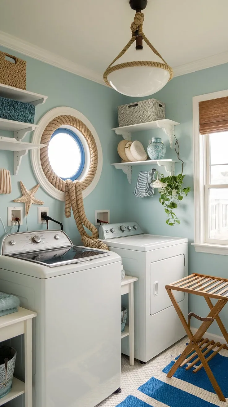This powder blue coastal laundry room embodies the perfect blend of Hamptons style and preppy charm.  Coastal house decorating ideas come alive in this bright and airy space, transforming a utilitarian room into a stylish coastal laundry room.