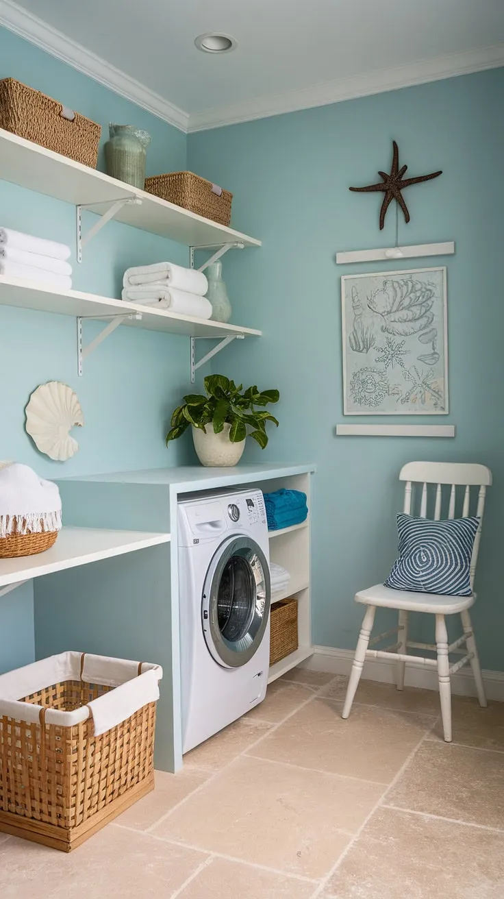 Escape to the coast, even while doing laundry! This house interior laundry room, designed in a stunning coastal style laundry room aesthetic, features a calming powder blue palette and preppy details, offering inspiration for your own coastal house decorating ideas.  The result? A truly delightful Hamptons style laundry room.