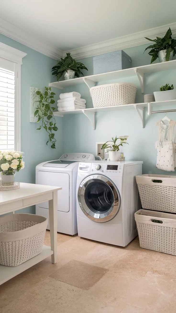 Transform your laundry routine with this charming coastal style laundry room. The soft powder blue walls and white accents create a serene Hamptons style laundry room atmosphere.  This preppy laundry room, complete with coastal house decorating ideas, proves that even utilitarian spaces can be stylish.  A perfect example of a house interior laundry room done right, this coastal laundry room is both functional and beautiful.