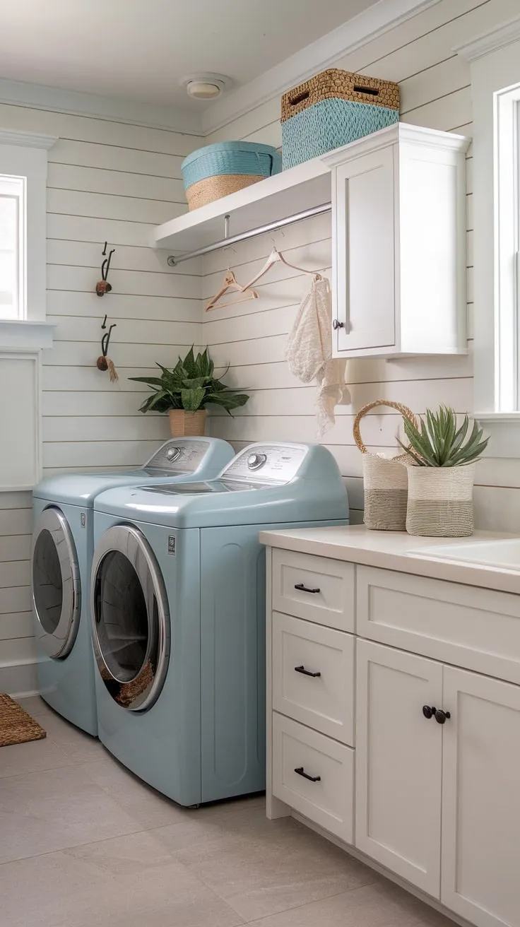Transform your laundry routine with this dreamy coastal laundry room.  The powder blue washer and dryer are the perfect complement to the white cabinetry and shiplap, creating a Hamptons style laundry room that's both functional and stylish.  Get inspired by these coastal house decorating ideas for your own space.