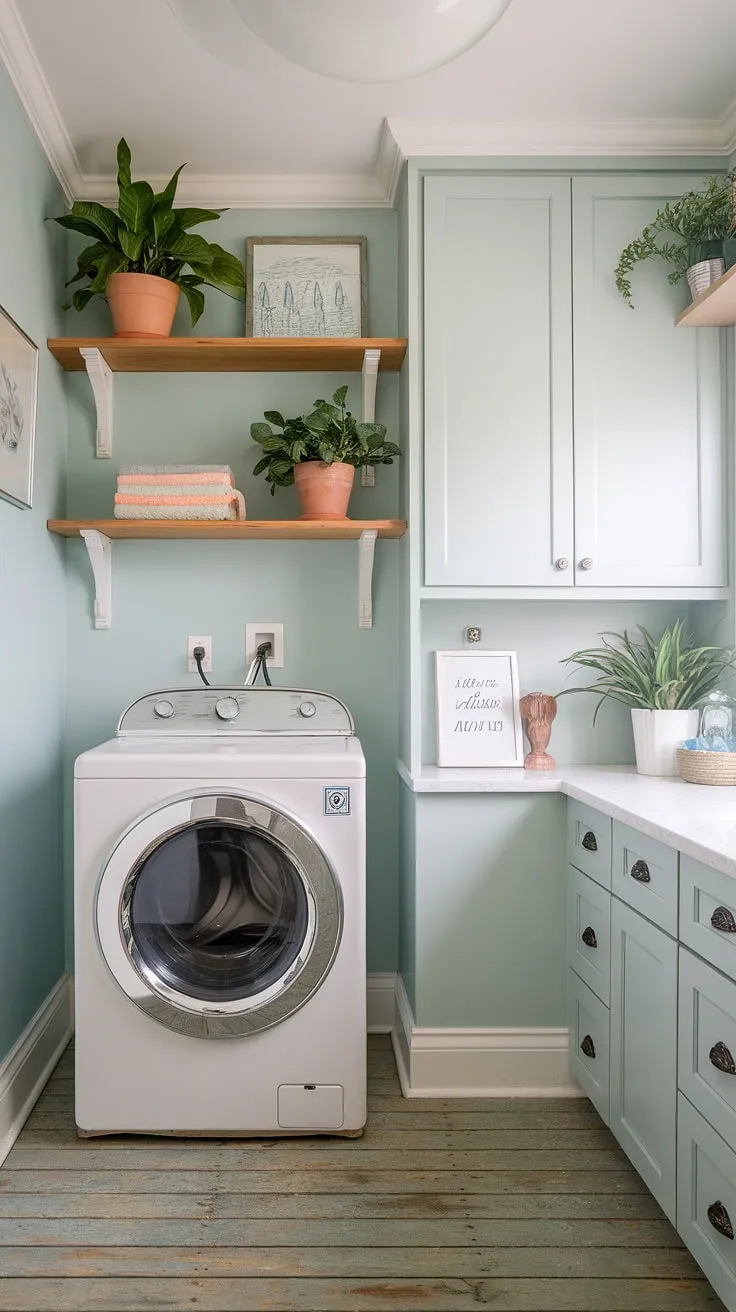 This coastal laundry room is the epitome of Hamptons style, effortlessly blending preppy charm with relaxed coastal vibes.  The powder blue walls and thoughtful details create a bright and airy space, offering inspiration for your own house interior laundry room decorating.  Pure coastal house decorating ideas at their finest.