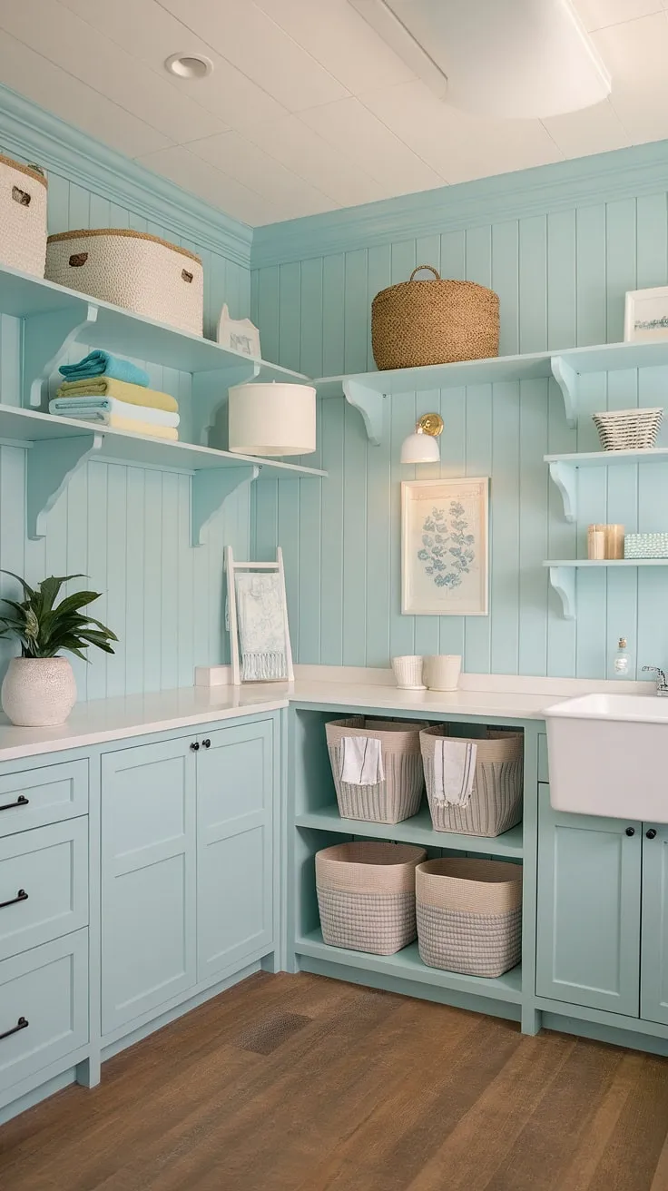 This powder blue coastal laundry room embodies the perfect blend of Hamptons style and preppy charm.  Coastal house decorating ideas come alive in this bright and airy space, transforming a utilitarian room into a stylish coastal laundry room.