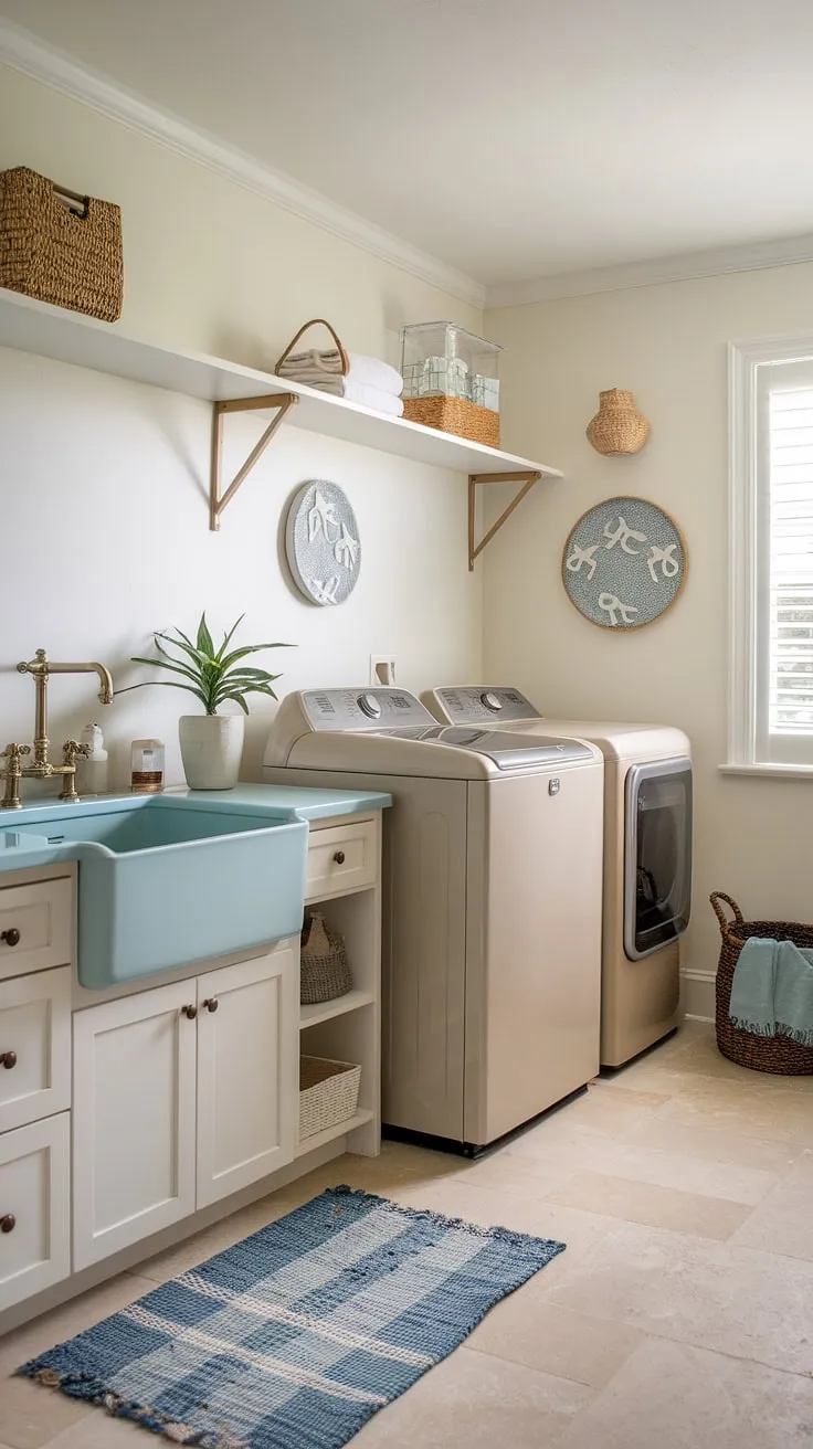 Escape to the coast, even while doing laundry! This coastal style laundry room, with its calming powder blue hues, embodies the relaxed elegance of a Hamptons house interior laundry room.  Perfect inspiration for your own coastal laundry room design.