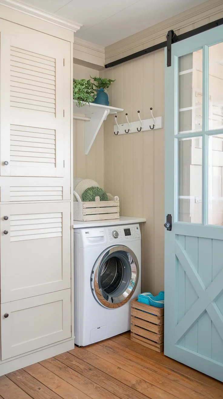 This powder blue laundry room door is the perfect pop of color in this serene coastal style space.  The Hamptons-inspired design, complete with wooden accents and a preppy feel, offers plenty of coastal house decorating ideas for your own house interior laundry room.