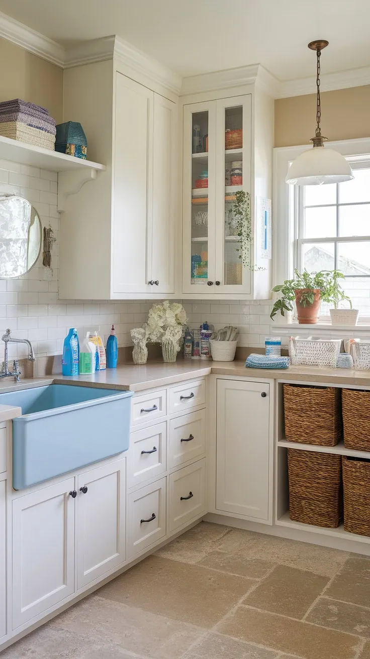 This coastal laundry room is the epitome of Hamptons style, effortlessly blending preppy charm with relaxed coastal vibes.  The powder blue walls and carefully curated details make this house interior laundry room a space you'll actually enjoy spending time in.  Plenty of inspiration here for your own coastal house decorating ideas.