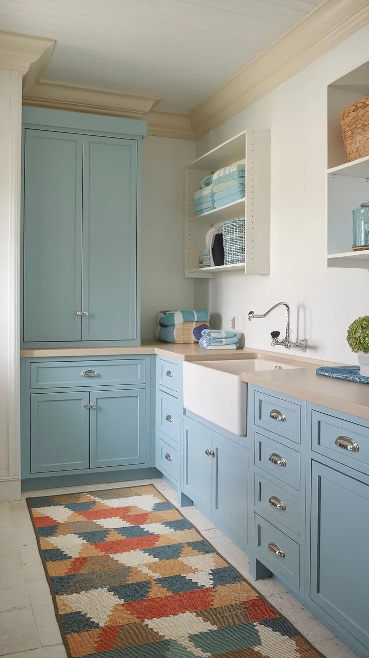 Transform your laundry routine with this charming coastal laundry room.  The powder blue cabinetry and white sink create a bright and airy Hamptons style laundry room, while the preppy patterned rug adds a touch of playful coastal house decorating ideas.  A perfect example of a preppy laundry room and a stylish house interior laundry room.