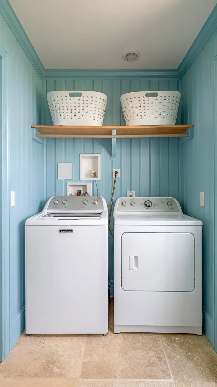 A coastal style laundry room doesn't have to be boring! This preppy laundry room, with its powder blue walls and white appliances, proves that functionality and style can coexist beautifully.  Get inspired by this Hamptons style laundry room for your own coastal house decorating ideas and create the perfect house interior laundry room.