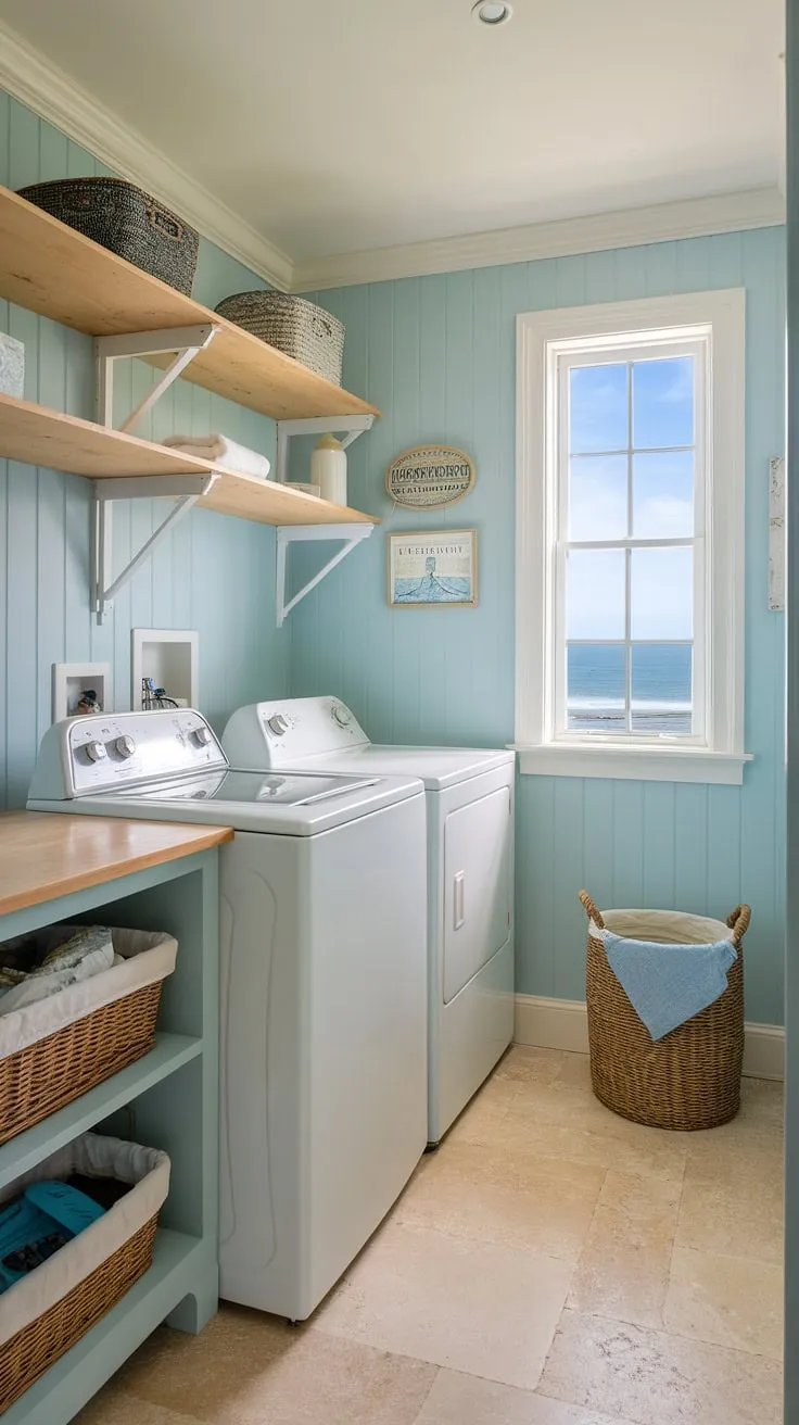 This powder blue coastal laundry room embodies the perfect blend of Hamptons style and preppy charm.  Coastal house decorating ideas come alive in this bright and airy space, transforming a utilitarian room into a stylish coastal laundry room.