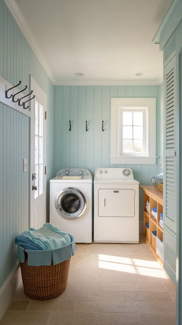 This coastal laundry room is the epitome of Hamptons style, effortlessly blending preppy charm with relaxed coastal vibes.  Powder blue walls and thoughtful details create a bright and airy space, offering inspiration for your own house interior laundry room decorating.  Pure coastal house decorating ideas at their finest.