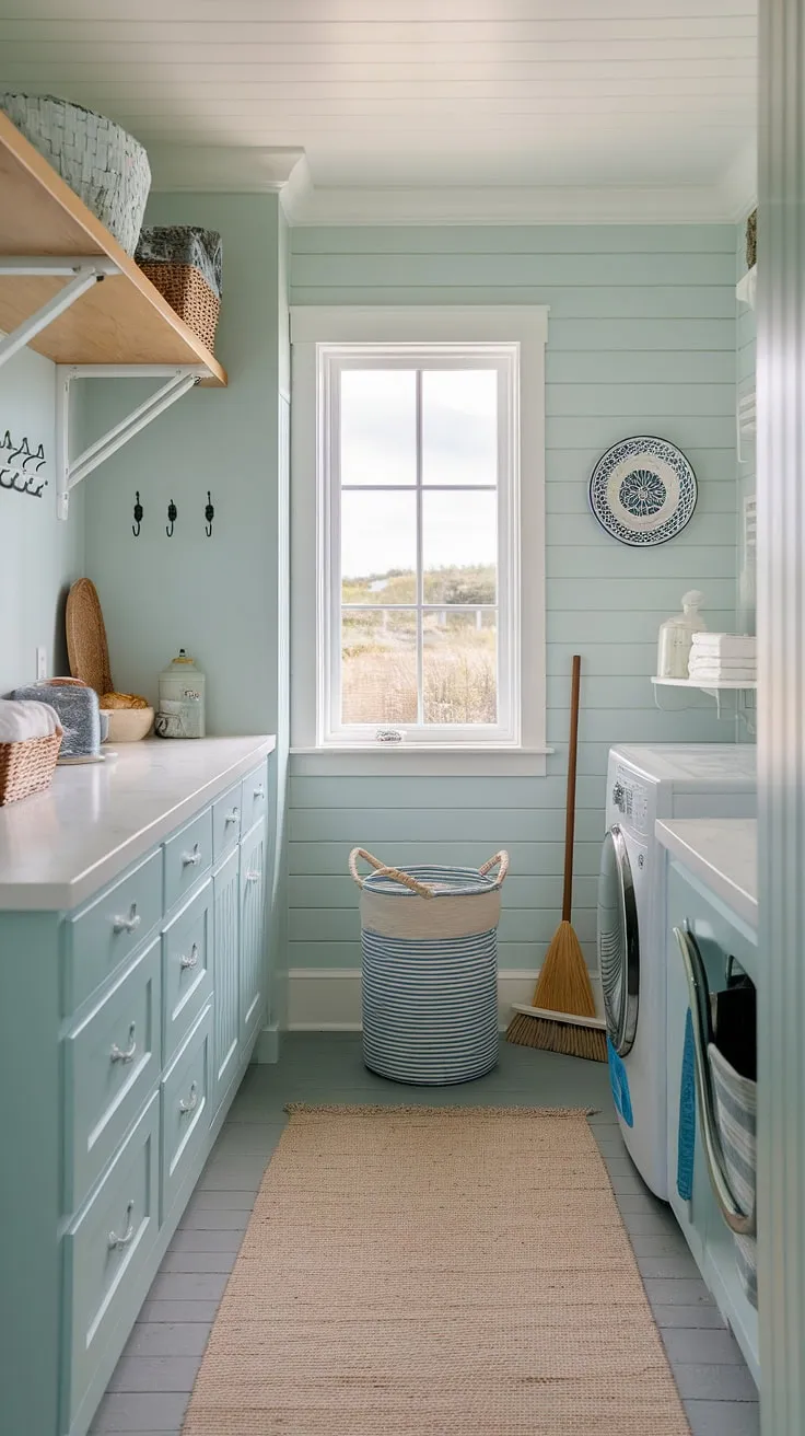 This coastal laundry room is the epitome of Hamptons style, effortlessly blending preppy charm with relaxed coastal vibes.  Powder blue walls and thoughtful details create a bright and airy space, offering inspiration for your own house interior laundry room decorating.  Pure coastal house decorating ideas at their finest.