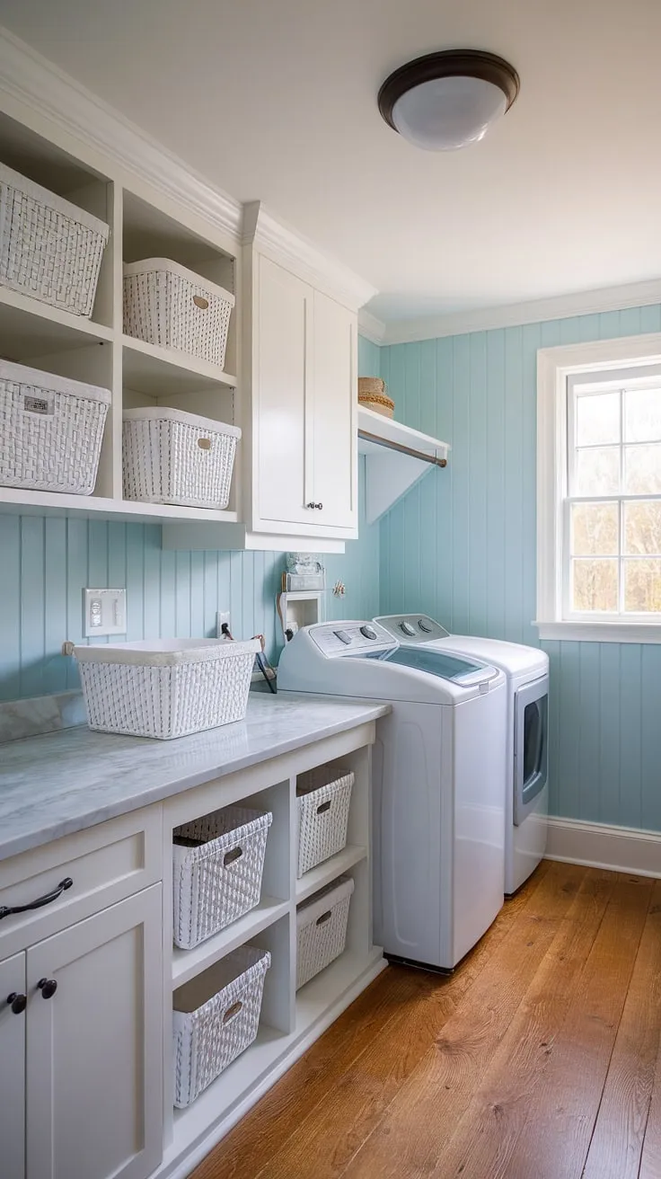 This powder blue coastal laundry room embodies the perfect blend of Hamptons style and preppy charm.  Coastal house decorating ideas come alive in this bright and airy space, transforming a utilitarian room into a stylish coastal laundry room.