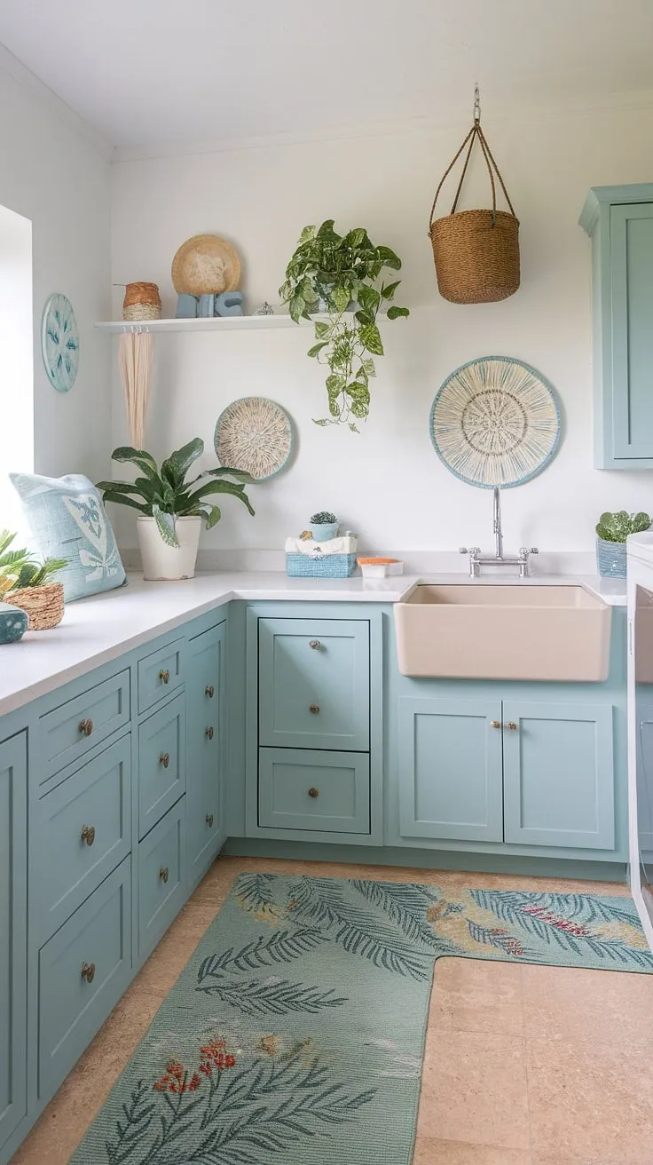 Transform your laundry space into a coastal haven with this Hamptons-style laundry room.  Powder blue cabinets paired with white countertops create a bright and airy coastal laundry room, perfect for incorporating your favorite coastal house decorating ideas. This preppy laundry room proves that even utilitarian spaces can be stylish and inviting.  The beige sink and coastal-themed rug complete the look.