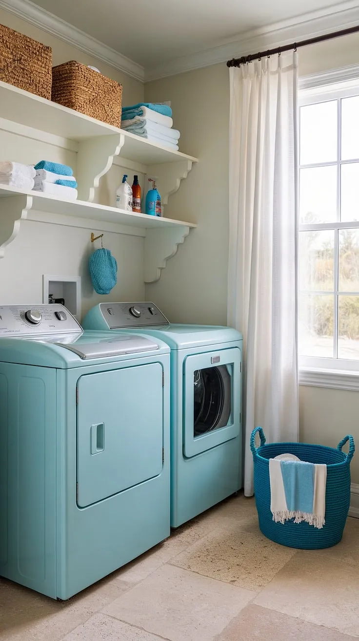 Escape to the coast, even while doing laundry! This coastal style laundry room, with its calming powder blue walls, offers a refreshing take on house interior laundry room design.  The preppy details and overall Hamptons style create a truly inviting coastal laundry room.