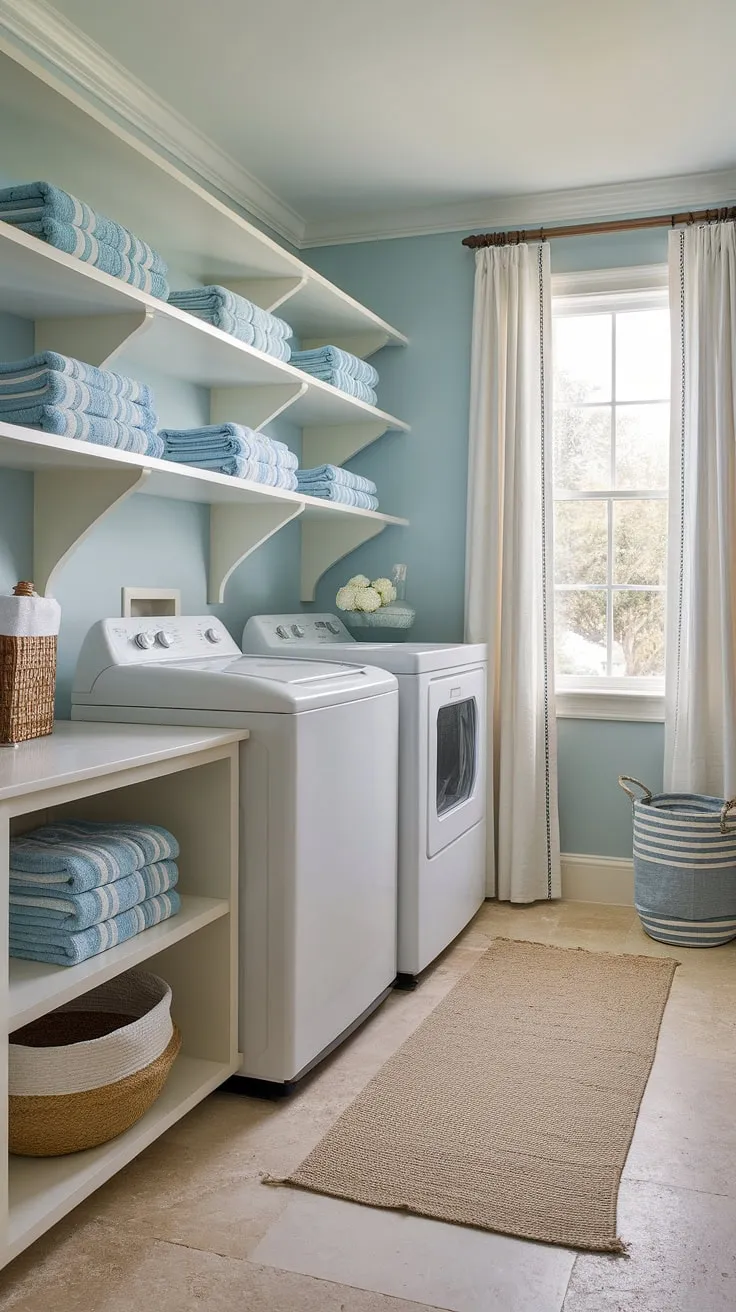 This powder blue coastal laundry room embodies the perfect blend of Hamptons style and preppy charm.  Coastal house decorating ideas come alive in this bright and airy space, transforming a utilitarian room into a stylish coastal laundry room.