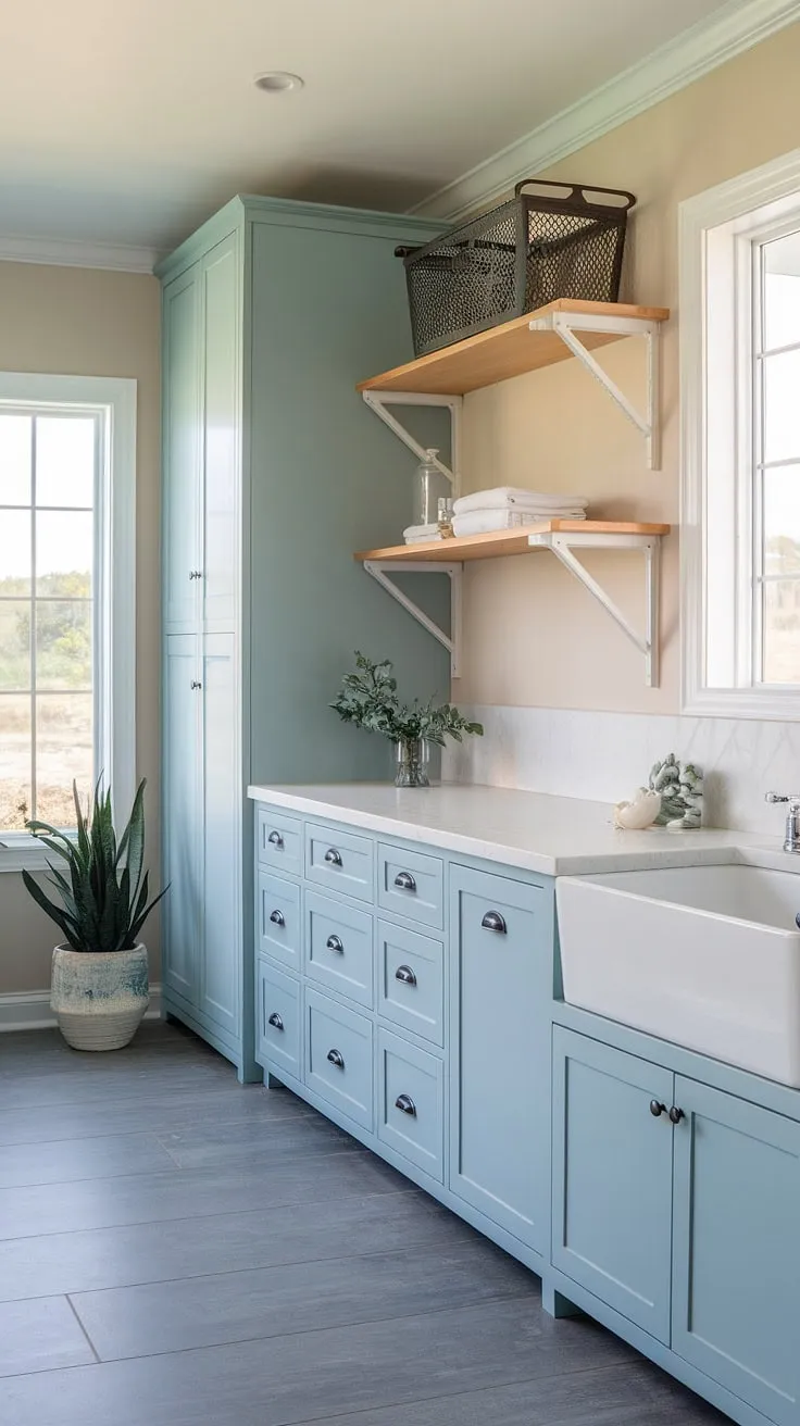 Transform your house interior laundry room into a coastal haven with this powder blue cabinet and white countertop combination.  This coastal laundry room, designed with a Hamptons style aesthetic, offers coastal style laundry room inspiration.  The addition of a wooden shelf and potted plant completes the preppy laundry room look.