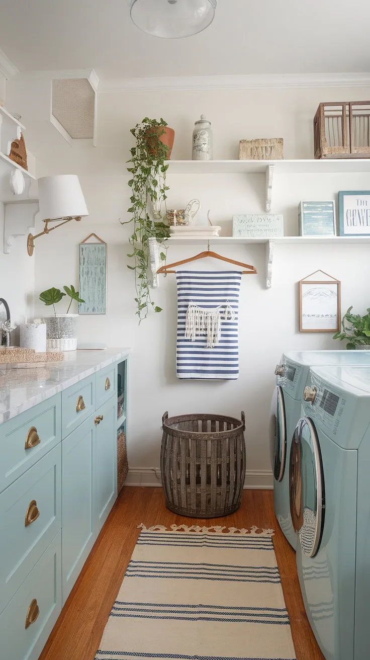 This coastal laundry room is the epitome of Hamptons style, effortlessly blending preppy charm with relaxed coastal vibes.  Powder blue walls and thoughtful details create a bright and airy space, offering inspiration for your own house interior laundry room and coastal house decorating ideas.  A true dream for any coastal style laundry room enthusiast.