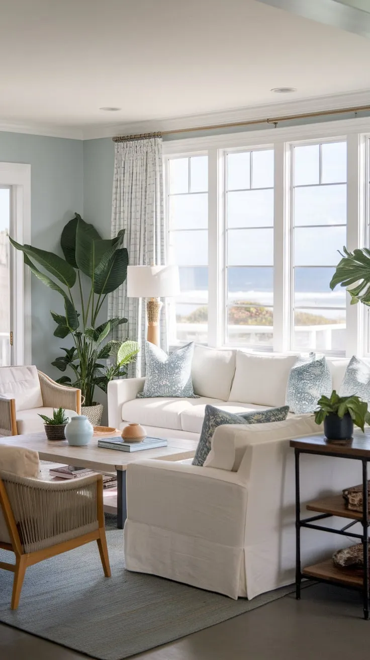 A light blue-walled beach house living room offers calming coastal vibes with a white sofa and breathtaking coastal vistas.