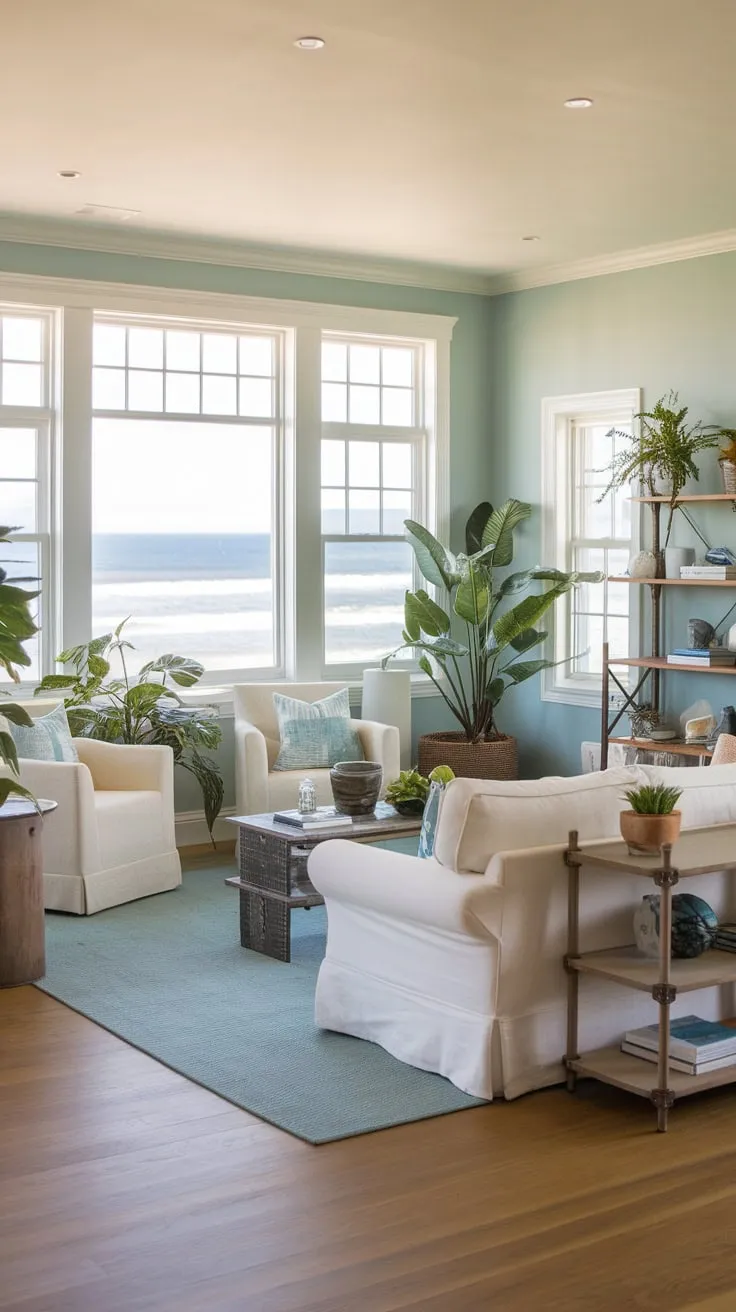 Ocean views and soft blue walls create a serene coastal living room in a California beach house, complete with white furniture and wooden floors.