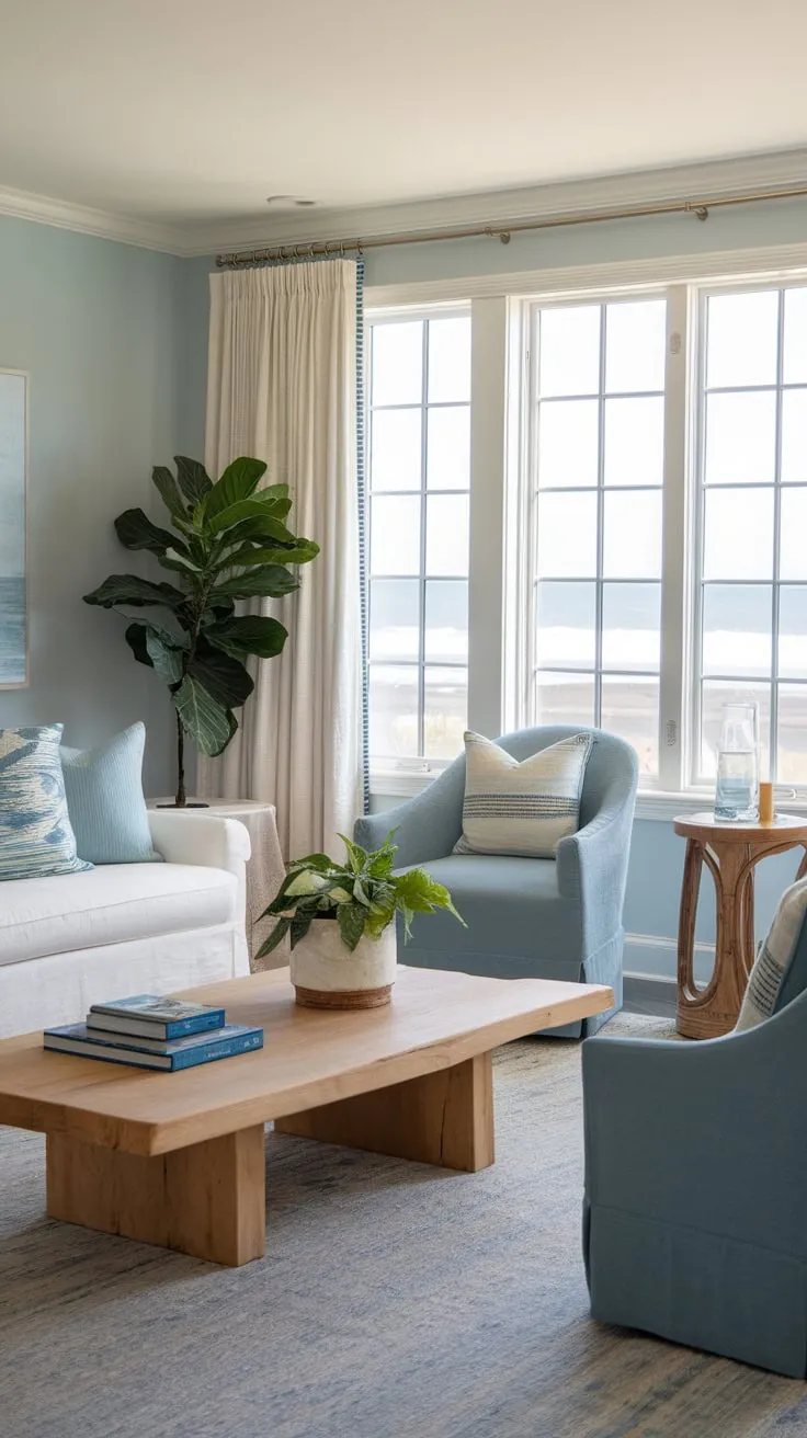 A white sofa, blue chair, and wooden accents complete the relaxed coastal vibe of this bright beach house living room.