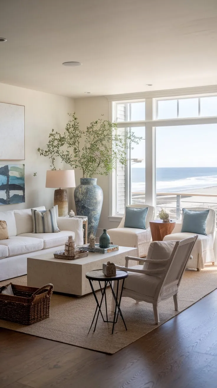 A bright California beach house living room offers breathtaking ocean vistas through expansive windows, its calming décor enhanced by natural elements and comfortable seating.
