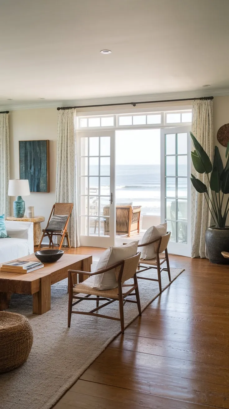 Ocean views and hardwood floors define this bright California beach house living room, complete with white furnishings and a touch of natural greenery.