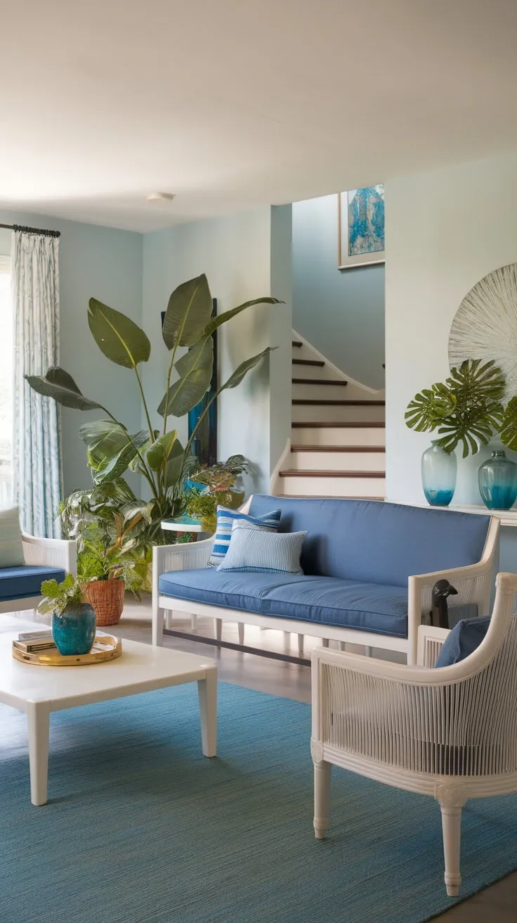 Serene coastal California living unfolds in a sun-drenched room with white furniture, blue accents, and lush greenery