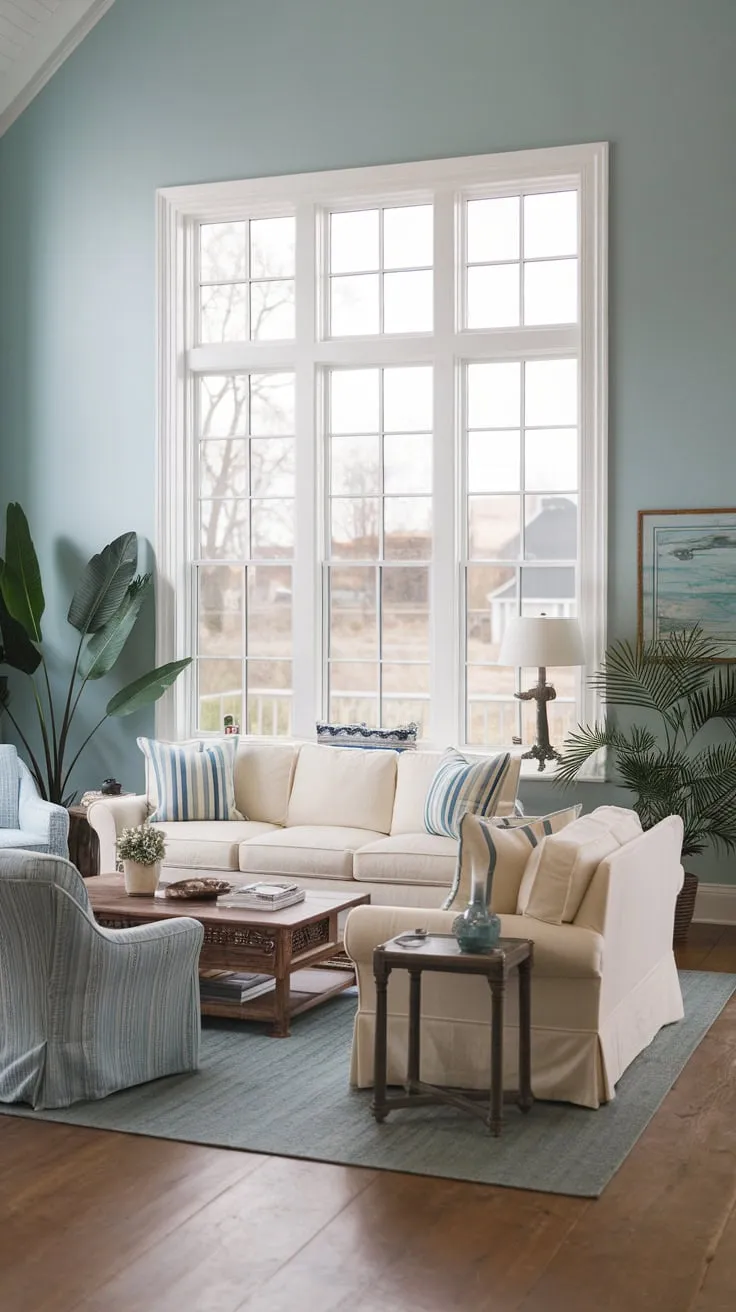 Sunlight streams into a serene coastal living room, its light blue walls and cream sofa complemented by hardwood floors and a view of the outdoors.
