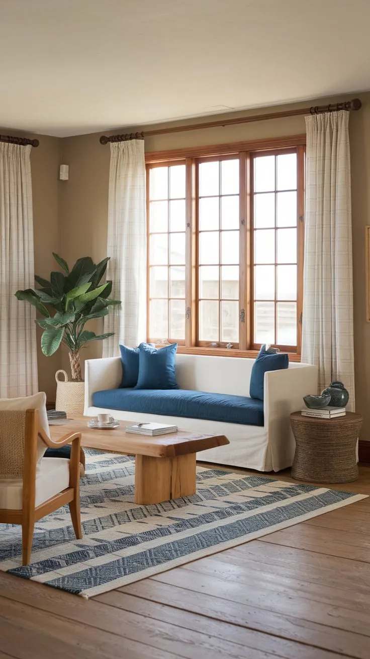 Sunlight streams into a California beach house living room, illuminating a relaxed coastal scene of white sofas, blue accents, and warm wood floors.