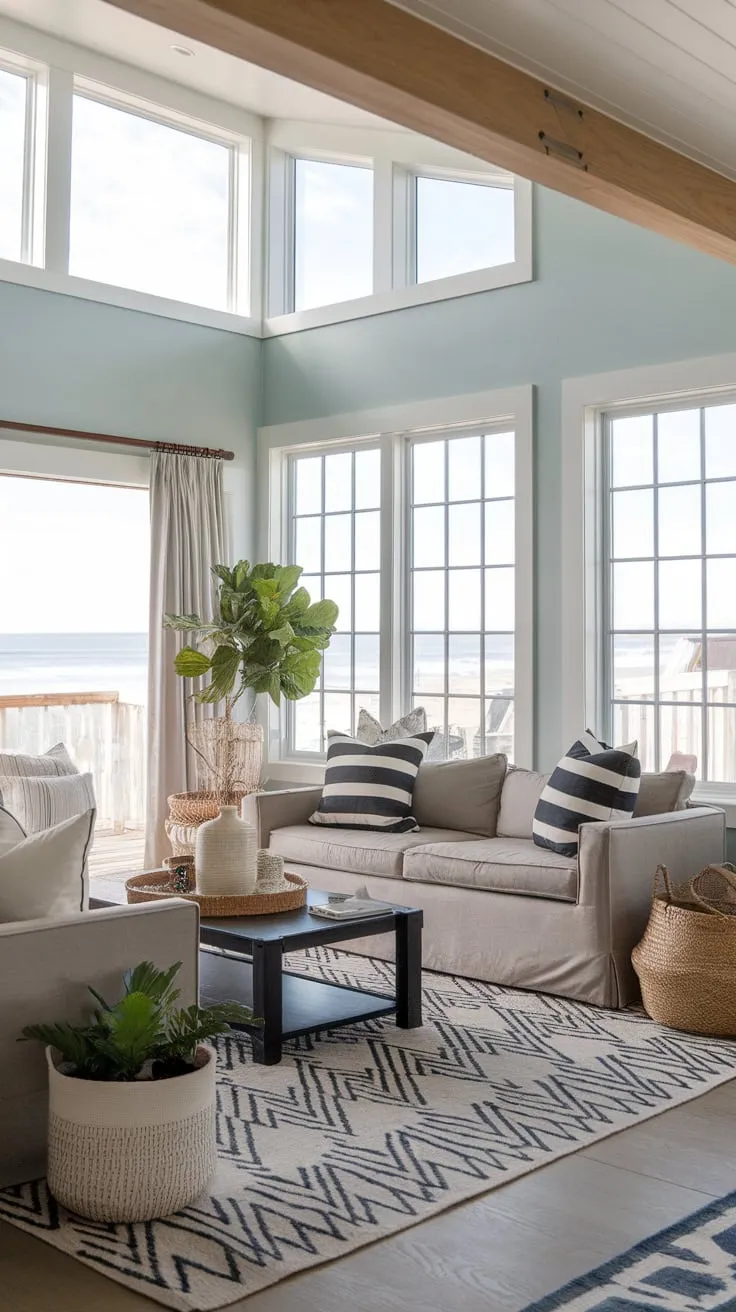 Sunlight streams into a California beach house living room, its high ceilings and soft blue walls complemented by a grey sofa, wooden beams, and coastal accents.
