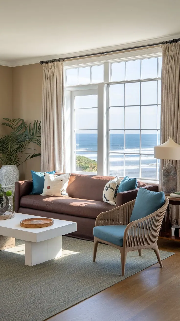 Ocean views and relaxed coastal style define this California beach house living room.