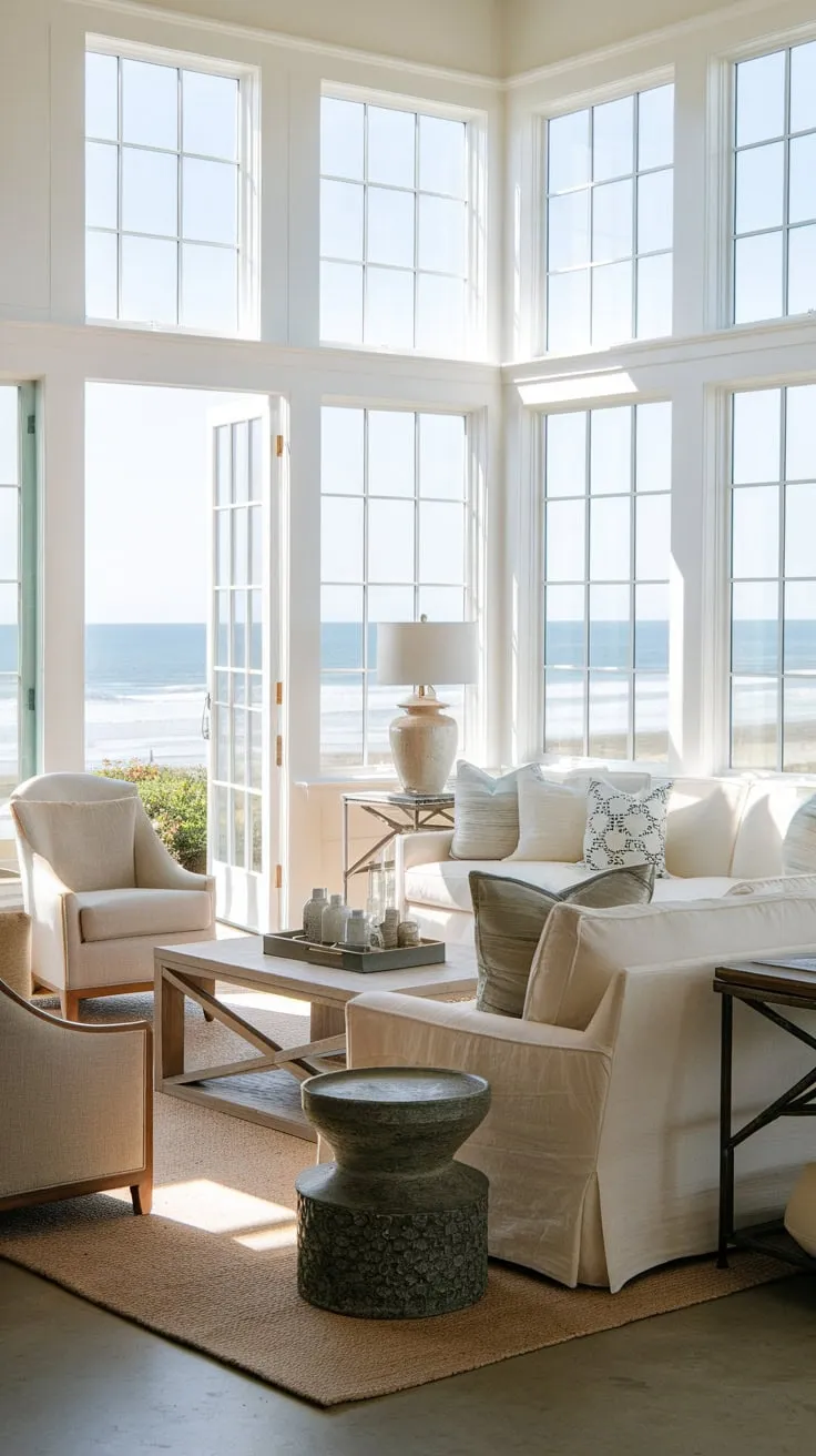 Sunlight floods a California beach house living room, showcasing a neutral palette and ocean views through expansive windows.