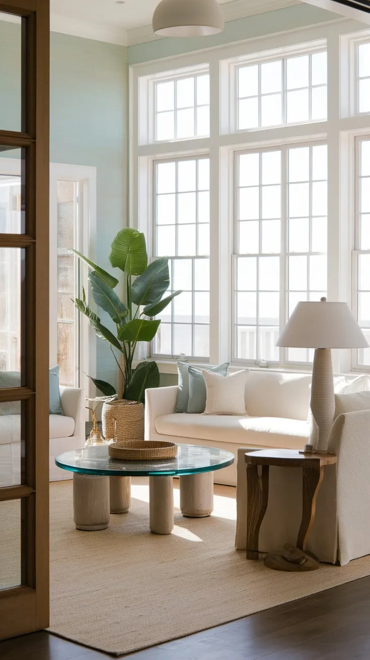 A breezy coastal living room in a California beach house is bathed in natural light, showcasing a relaxed elegance with white furniture and subtle blue hues.