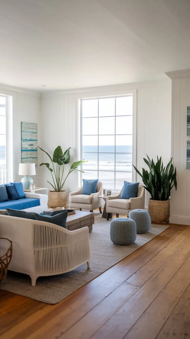 Ocean views and breezy whites define this inviting coastal living room's relaxed elegance
