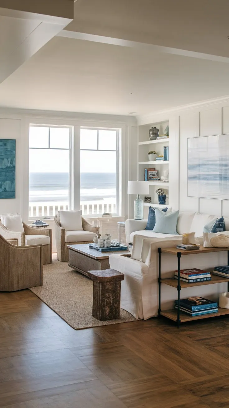 A sun-drenched beach house living room offers tranquil coastal vibes with stunning ocean vistas.