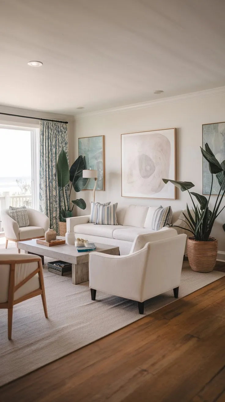 A beach house living room showcases coastal style through white sofas, wooden floors, and calming artwork.