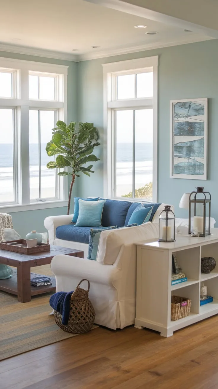 A sun-drenched coastal living room offers serene ocean vistas and relaxed beach-house style.