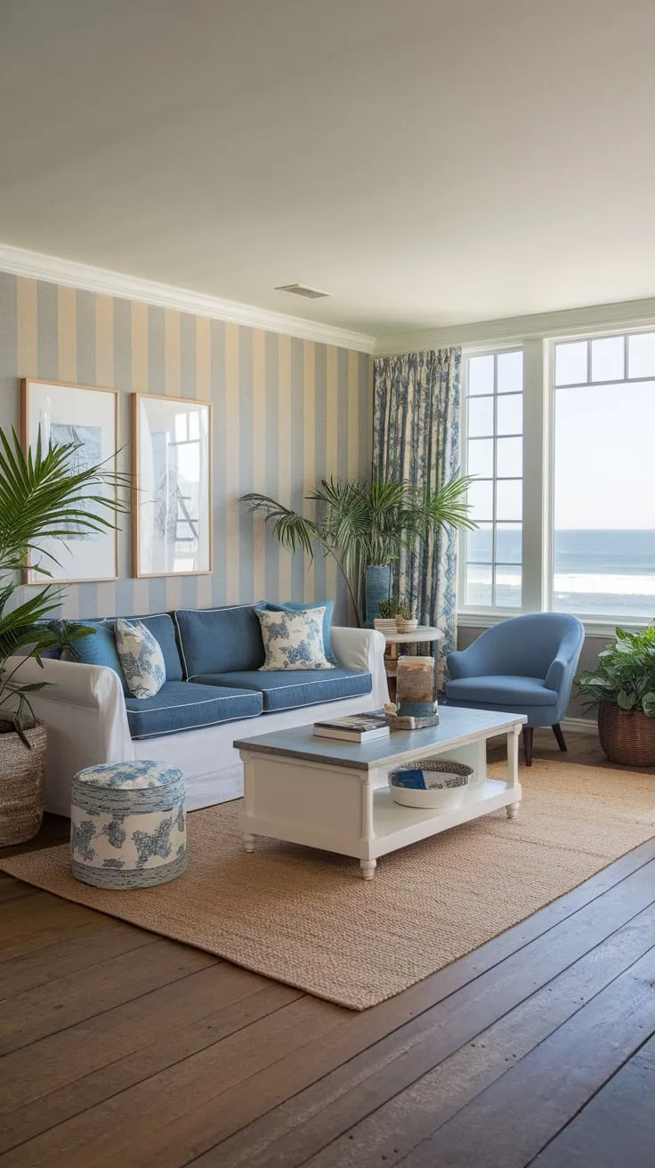 A white sofa, blue chair, and striped wallpaper create a relaxed coastal vibe in this sun-drenched living room overlooking the ocean.