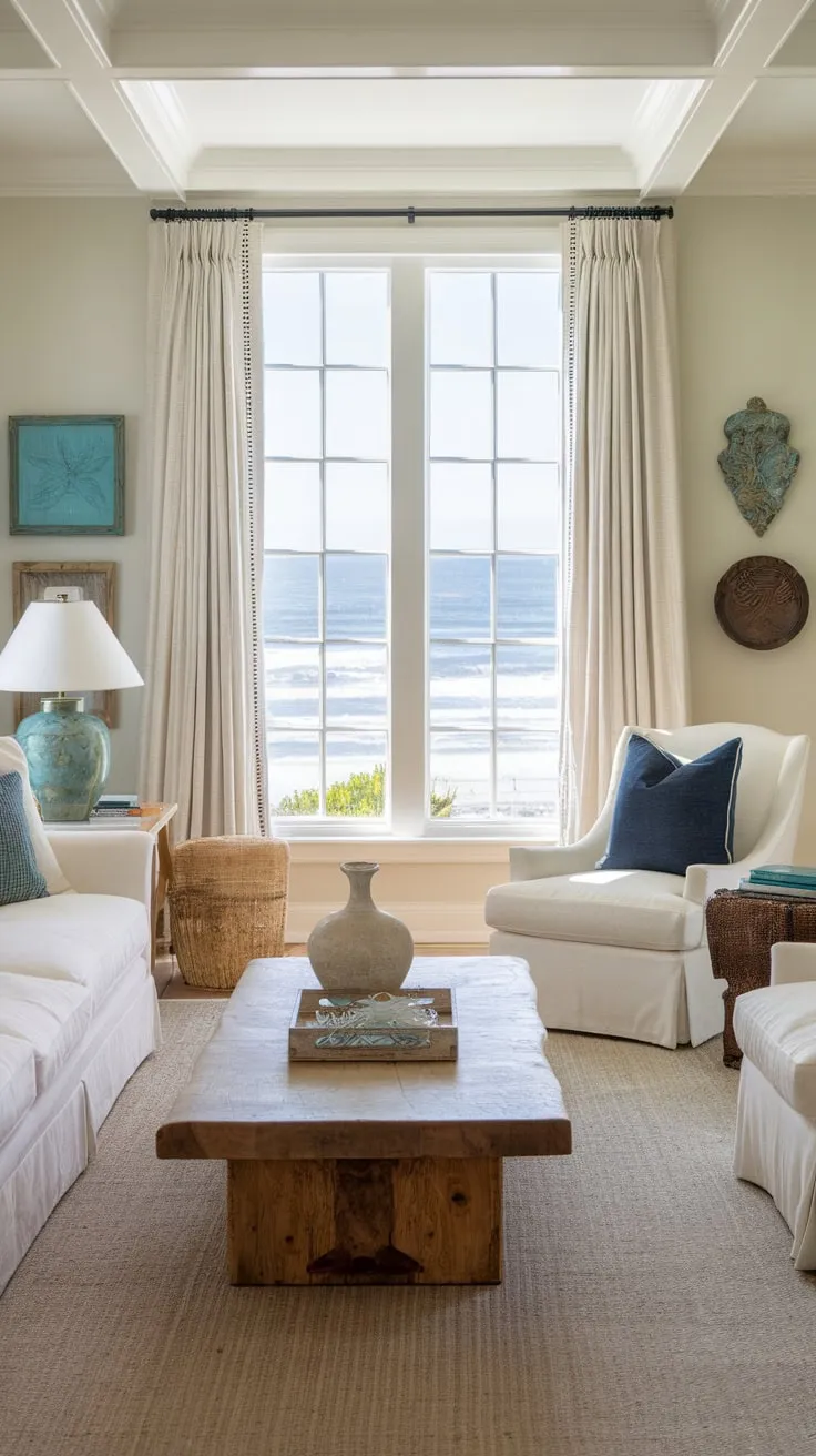 Ocean views and relaxed coastal style define this California beach house living room.