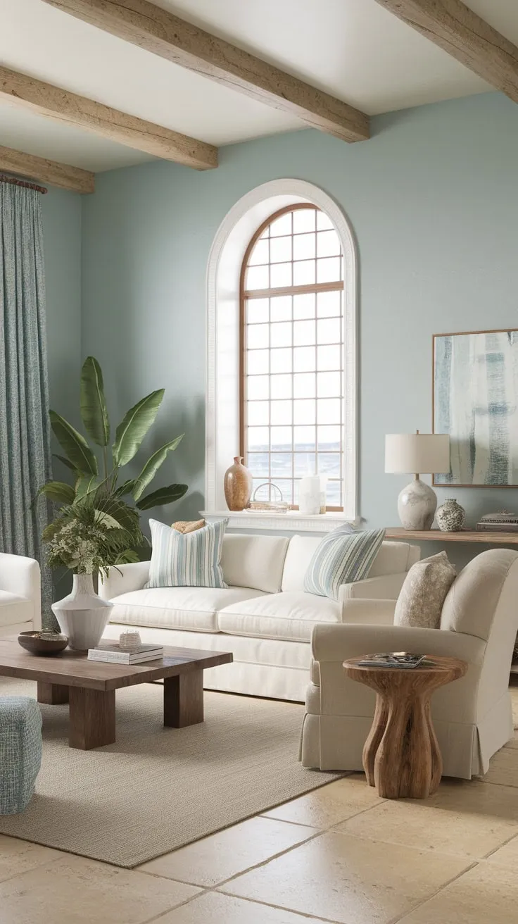 Sunlight streams into a calming California beach house living room, its light blue walls and white sofa complemented by natural wood and coastal accents.