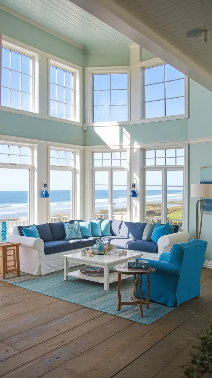 Ocean views and calming blue hues define this airy California beach house living room.