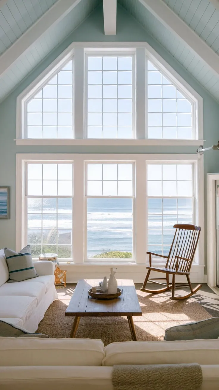 A California beach house living room boasts high ceilings, ocean vistas, and calming coastal décor.