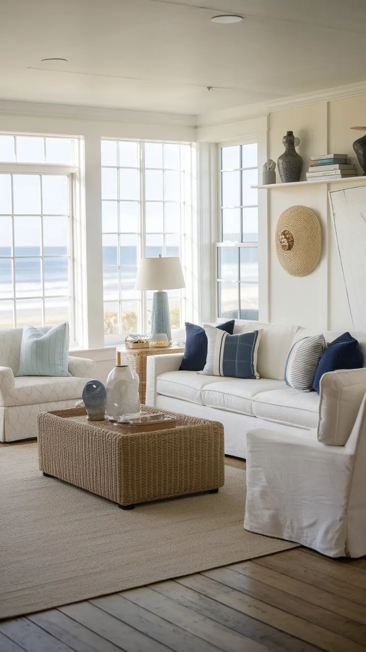 California beach house living room boasts ocean views and relaxed coastal style with white sofa and wicker accents