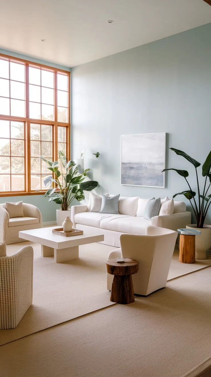 Sunlight streams through a large window into a calming California beach house living room, its light blue walls and white sofa complemented by beige accents and potted plants.