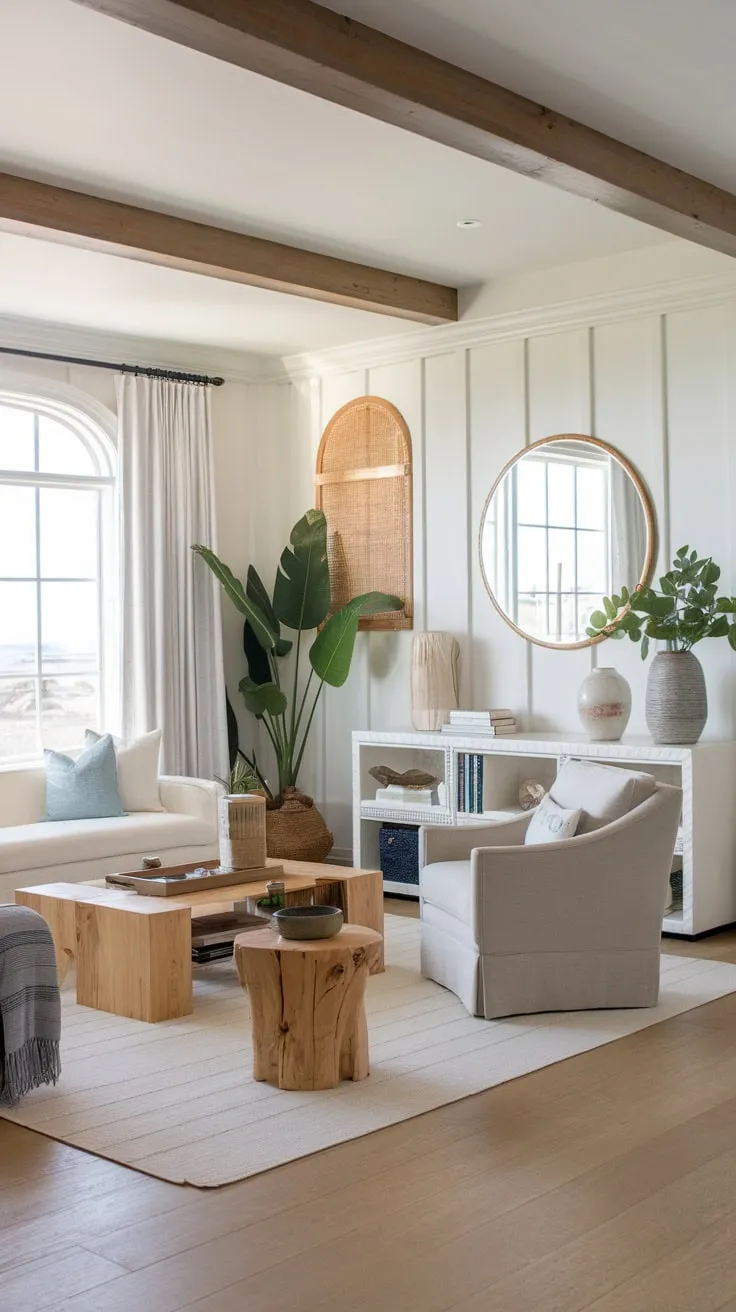 A bright, airy coastal living room in a California beach house features nautical details and natural light, offering a tranquil seaside escape.